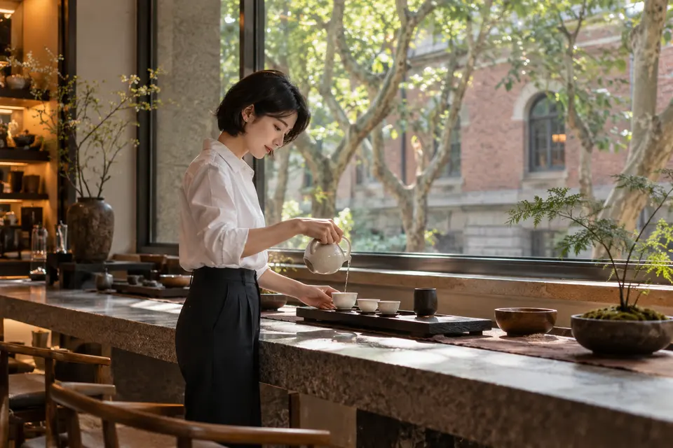 都市梧桐街区茶室中，白瓷茶具旁的女性正在倒茶